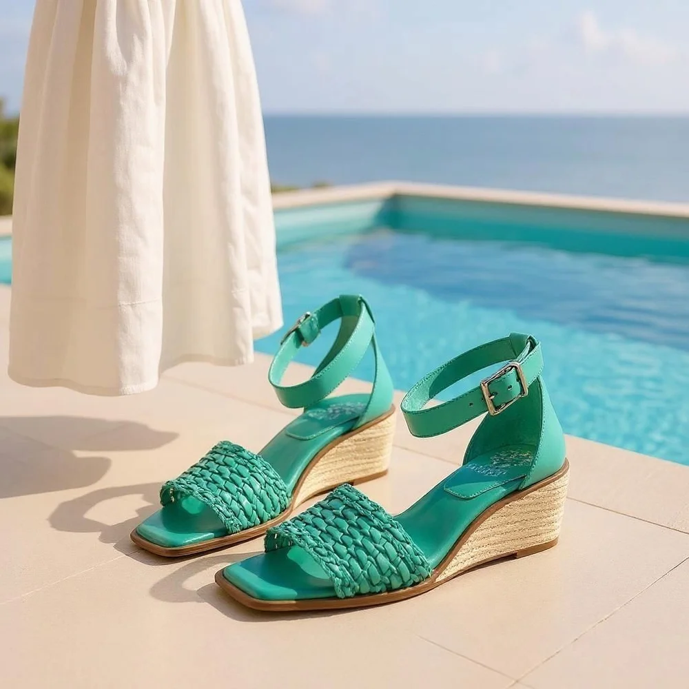 Vince Camuto OCEANA GREEN Leather Net Low Ankle Strap Espadrille Wedge SZ 9 Wide